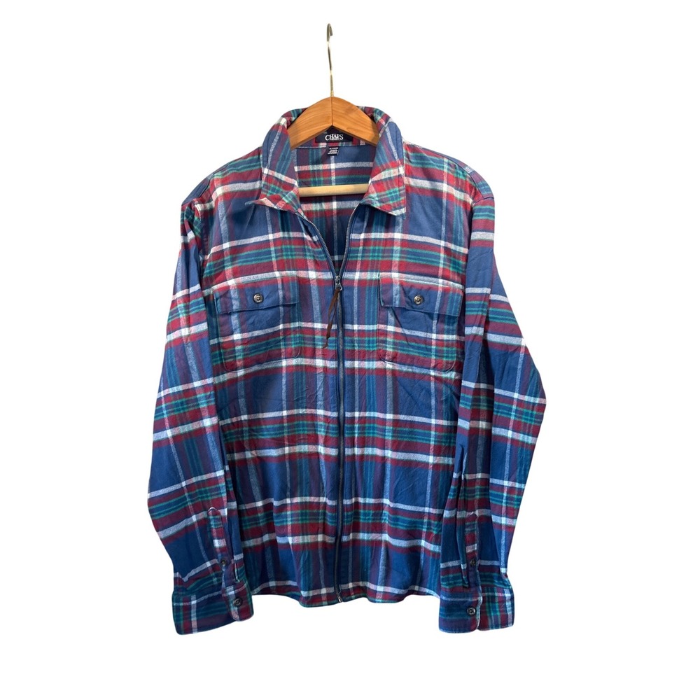 Chaps‎ Denim Mens XL Full Zip Flannel Shirt Plaid Long Sleeve Blue Red Green